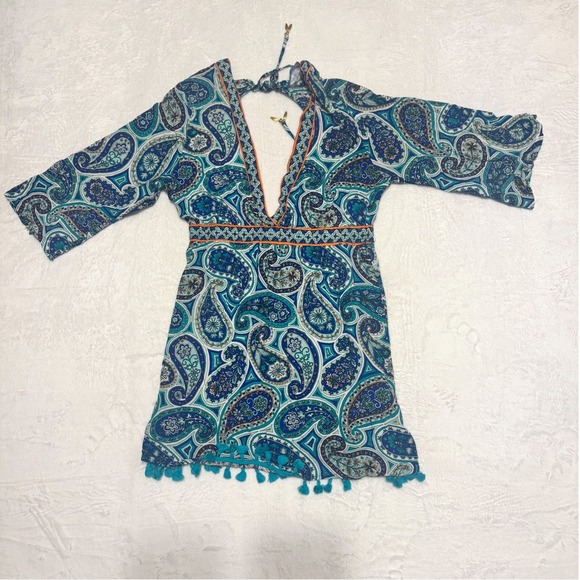 Trina Turk Other - Trina Turk Swim Cover Up Paisley Tassel Blue Womens M Boho Resort Beachwear